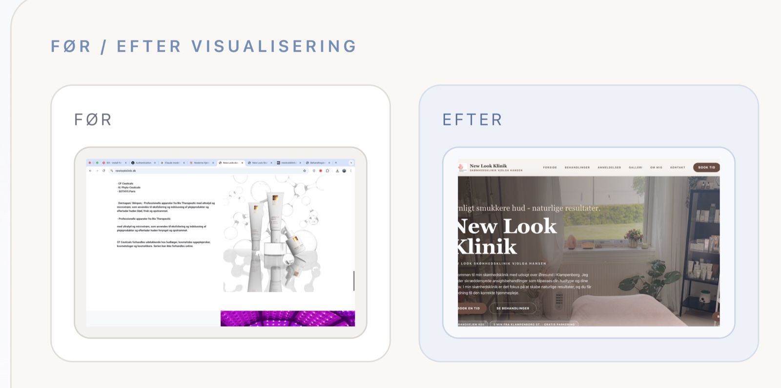 Før og efter visualisering for New Look Klinik