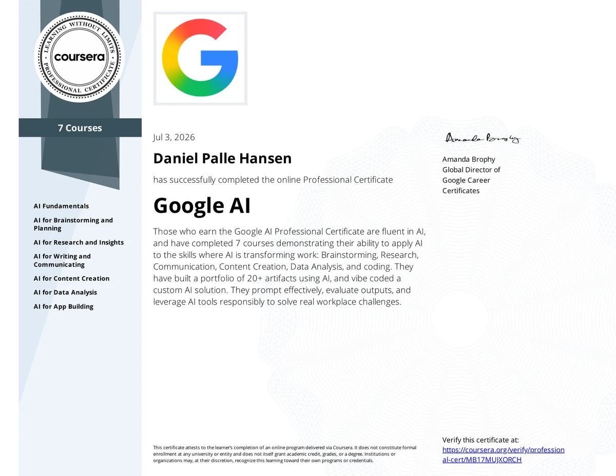 Google AI Professional Certificate udstedt til Daniel Palle Hansen via Coursera